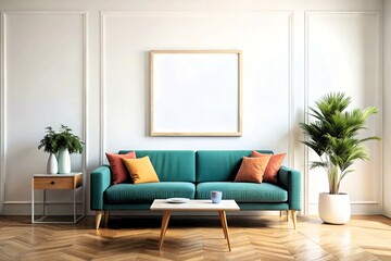 Fototapeta premium Contemporary interior design, living room wall mockup featuring elegant furniture and minimalist decor, with a neutral color palette and natural lighting