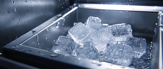 Close-up of ice cubes in a metal container, with droplets of water creating a refreshing look, perfect for beverage-related themes or summer imagery.