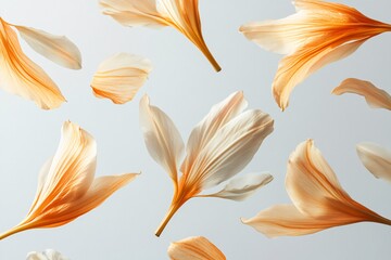 Delicate White and Orange Flower Petals Floating on a Light Background