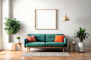 Fototapeta premium Contemporary interior design, living room wall mockup featuring elegant furniture and minimalist decor, with a neutral color palette and natural lighting