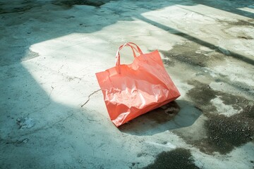 A single pink plastic bag discarded on a concrete surface