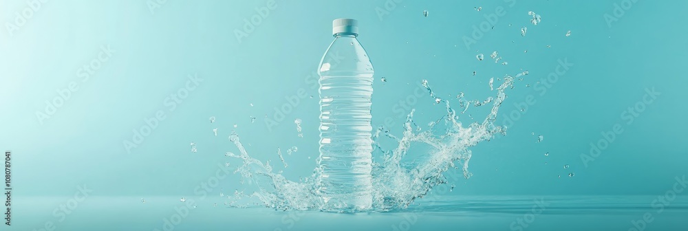 Poster refreshing splashes of pure water surround a clear plastic bottle, creating a dynamic scene against 