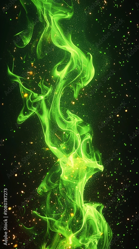 Poster a mesmerizing display of green smoke swirling against a dark backdrop, creating an ethereal and othe
