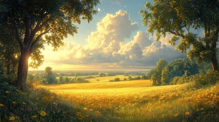 Obraz premium Serene landscape with golden fields and vibrant clouds at sunset.