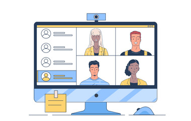 Video conference at computer. Men and women communicate via video call on social networks and messengers. Remote workers on teleconference. Linear vector illustration isolated on white background