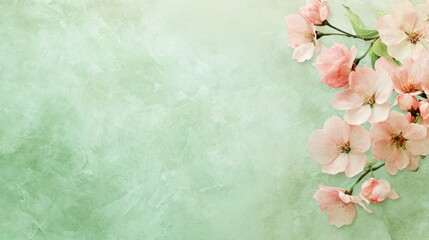 Obraz premium Delicate pink flowers on a soft green textured background evoke a sense of tranquility, AI