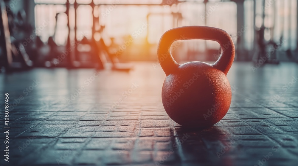 Poster red kettlebell sits on the gym floor in the foreground, illuminated by the setting sun, while athlet