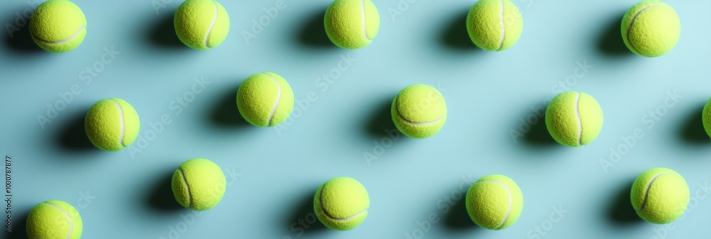 Aufkleber Many tennis balls are arranged in a grid pattern on a light blue background, creating a visually appealing and sporty composition