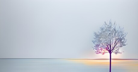 Obraz premium Abstract minimalist spring scene with a single, sharp silhouette of a blooming tree on a vast light grey canvas, with subtle color gradients hinting at spring freshness