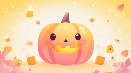 Obraz premium Cute cartoon pumpkin with candy corn in a whimsical scene.