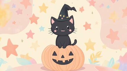 Cute black cat with a witch hat on a carved pumpkin