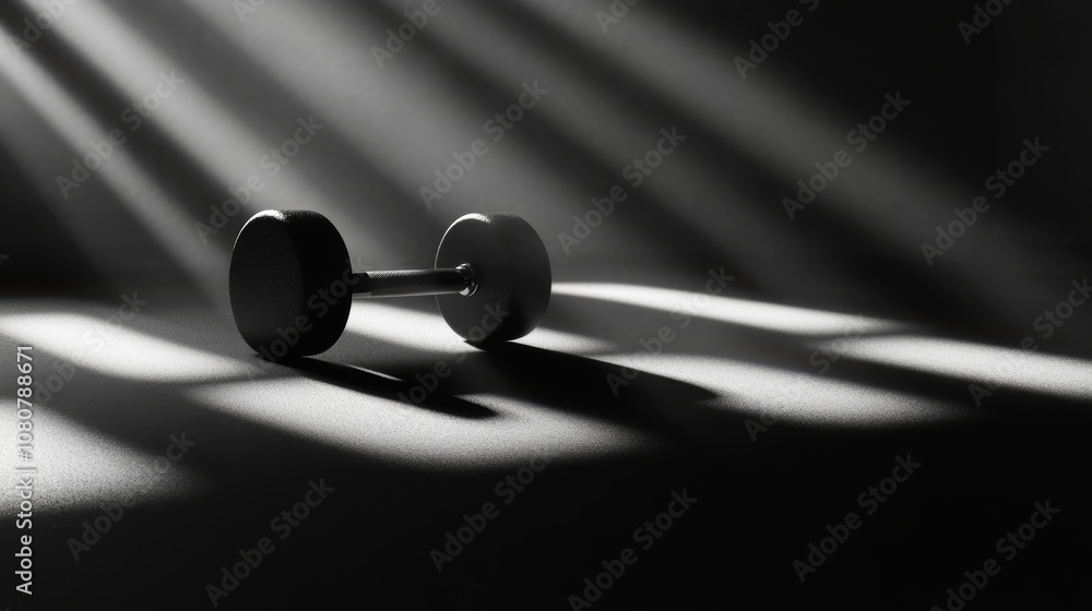 Poster Small dumbbell lying on the floor with dramatic lighting from a window creating long shadows, suggesting a concept of rest, relaxation, or a break from workout