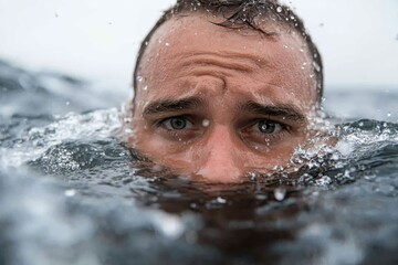 A man's face is partially submerged in cold, splashing water, portraying a mix of focus and vulnerability within the chilling aquatic environment.