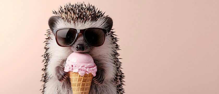 A cute hedgehog wearing sunglasses enjoys a delicious ice cream cone. The playful scene captures a whimsical moment that delights animal lovers.
