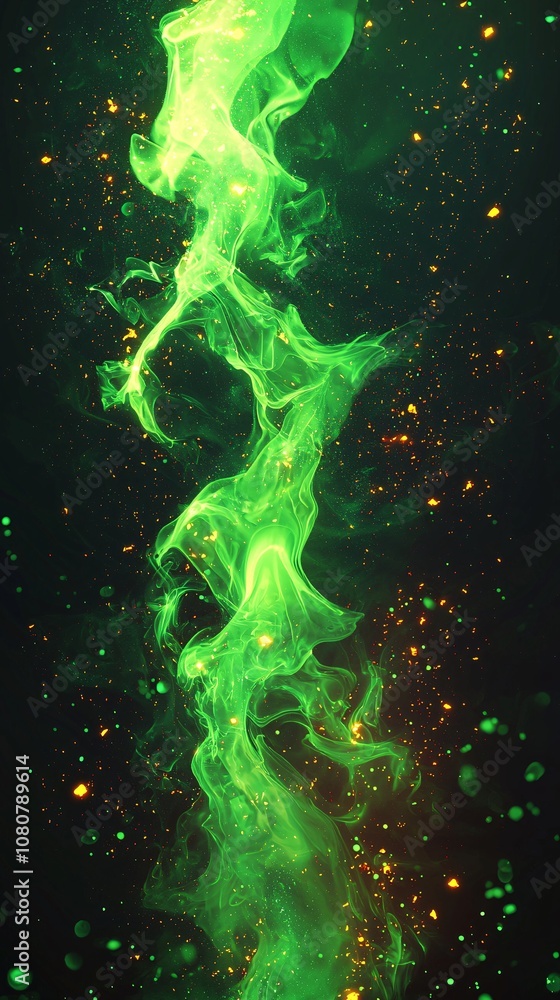 Poster dynamic green smoke swirl with glowing particles against a dark background, creating a mesmerizing v