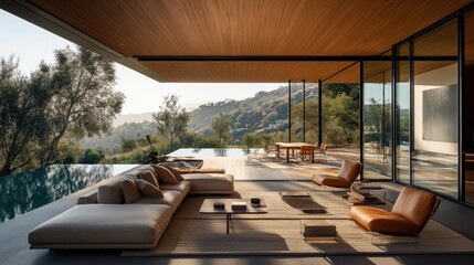 Obraz premium Modern open living room with luxurious furniture overlooking an infinity pool and scenic natural landscape, large glass walls, wooden ceiling, and contemporary design elements.