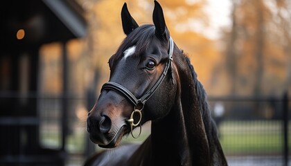 Obraz premium Brown horse with bridle stands in autumn light near a barn in a tranquil setting