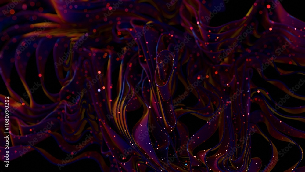 Poster abstract ribbons with colorful particles on black background