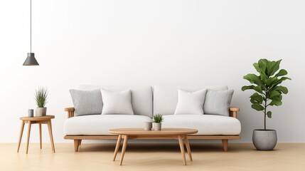 Modern living room with a white sofa, wooden table, plants, and minimalistic decor. The room features a gray pendant lamp, decorative pillows on the sofa, and a large green potted plant.
