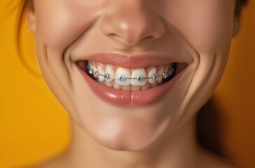 Fototapeta premium Closeup of smiling mouth with dental braces. Healthy concept.