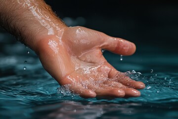 Fototapeta premium A close-up shot of a hand gracefully touching the water surface, with delicate droplets forming, evoking serenity and connection with nature in an artistic view.