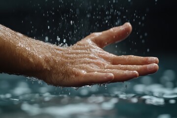 Fototapeta premium An outstretched hand catching water droplets in mid-air. The sense of movement and capture highlights the interaction between hand and element.