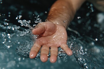 A dramatic splash created by an outstretched hand in water. The image captures movement, interaction, and the fluid dynamics of human touch.