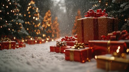 Festive christmas setting with glowing lights and red wrapped presents in snowy outdoor scene