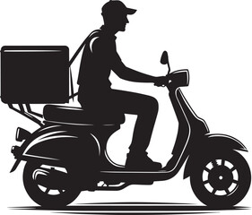 Delivery man on scooter with package silhouette vector illustration on white background