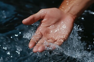 An open hand is surrounded by shimmering water against a contrasting dark blue watery background, symbolizing grace and the fluidity of nature and human touch.