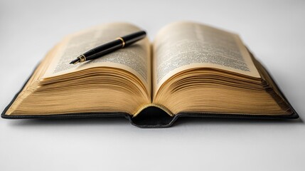 An open book with a pen resting on its pages.