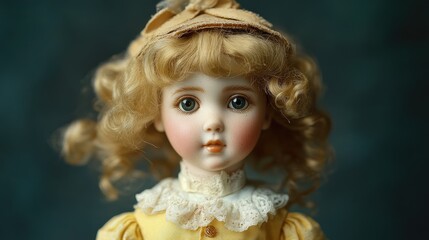 Fototapeta premium Antique porcelain doll featuring curly blonde hair and dressed in a yellow outfit