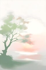 Obraz premium Abstract minimalist spring scene with a single, sharp silhouette of a blooming tree on a vast light grey canvas, with subtle color gradients hinting at spring freshness