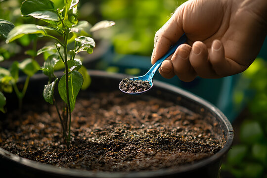 Cropped shot view of gardener holding a tablespoon of organic fertilizer in hand before applying to plants.