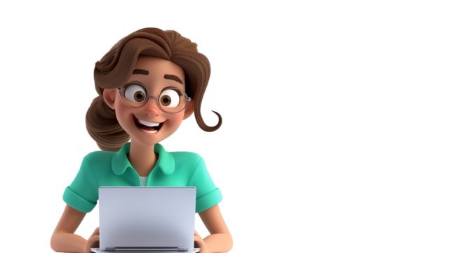3D cartoon style of happy smiling woman working at the desk in modern office. copy space.