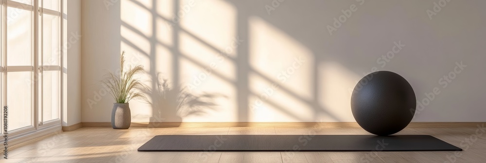 Aufkleber sunlight streams through a large window into a minimalist yoga studio, illuminating a yoga mat, exer