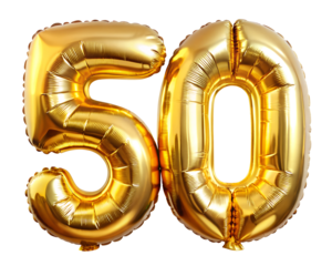 golden foil balloon for birthday in the shape of the number  50  , isolated on the white background