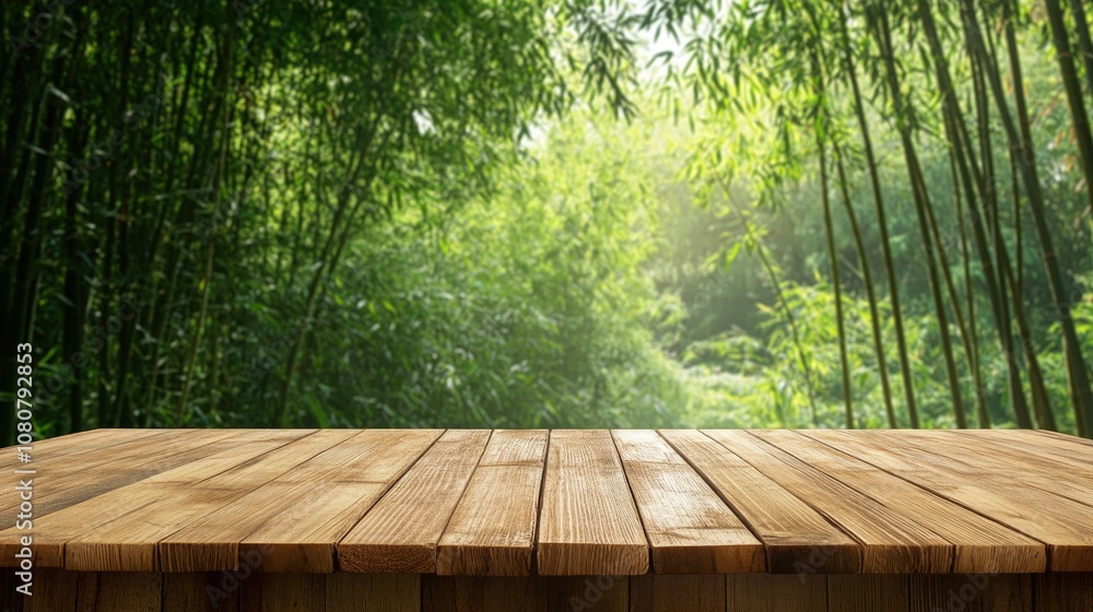 Poster wooden desk in front of a bamboo forest providing ample empty space for text or product placement