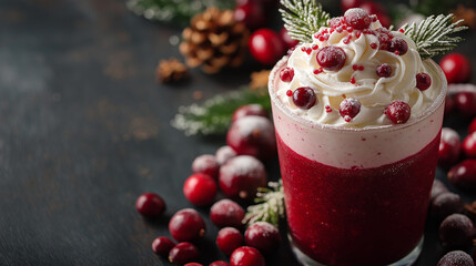 Milkshake blended with cranberry sauce, topped with whipped cream and fresh cranberries