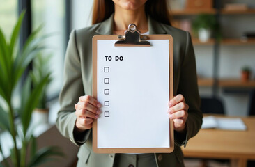 A business professional stands in an office holding a to-do list with empty checkboxes, ready for task completion