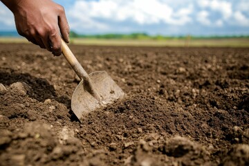 Hand holding shovel digging in soil.