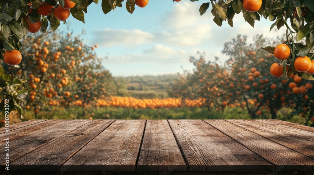 Poster wooden table with empty space set against a background of orange trees and field ideal for product d