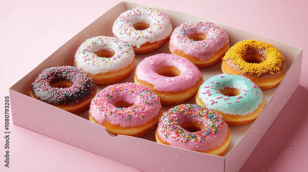 Poster assorted colorful donuts topped with sprinkles and icing displayed in a box against a pink backdrop