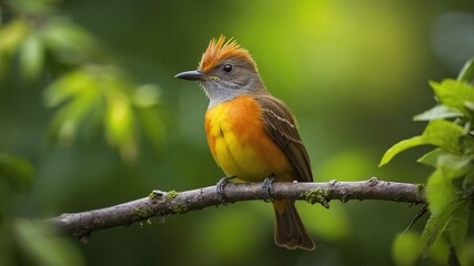 Fototapeta premium A Great Crested Flycatcher, perched majestically on a branch, captures the essence of nature's beauty.
