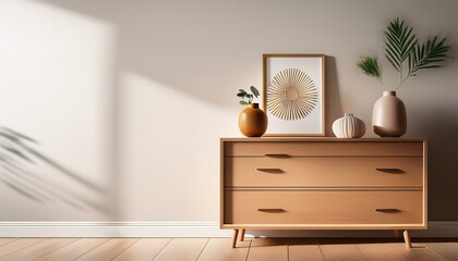Home living room interior with drawer with decoration, mockup wall