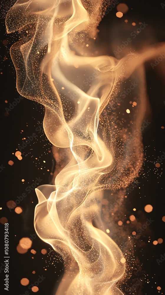 Poster a stunning abstract image of swirling golden smoke illuminated by sparkling light particles, creatin