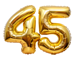 golden foil balloon for birthday in the shape of the number  45  , isolated on the white background