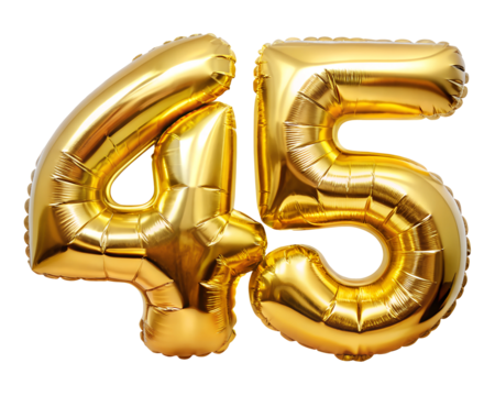 golden foil balloon for birthday in the shape of the number  45  , isolated on the white background