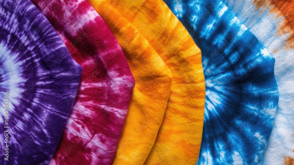 Poster close up of various tie dye patterns showcasing vibrant swirls and an array of bold colors