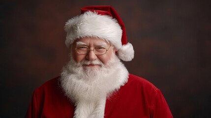 A smiling Santa Claus with a white beard and glasses, wearing a red suit and a white hat.